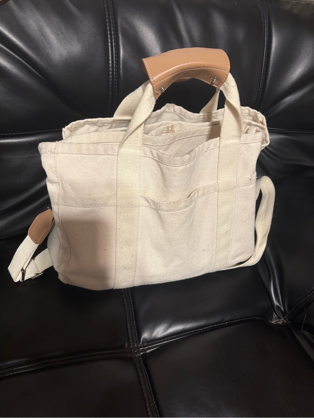 Amazon Cream Canvas Tote with Tan Leather Handle